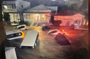 Cars submerged in floodwater in a Wellington residential street after heavy rain