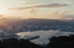 Wellington harbour skyline at sunset representing new arrivals building a future in New Zealand