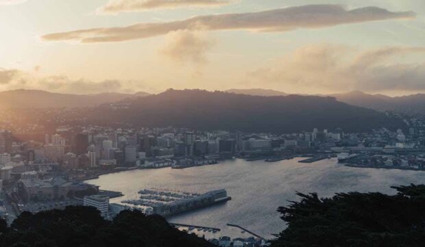 Wellington harbour skyline at sunset representing new arrivals building a future in New Zealand